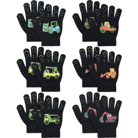 SATINIOR 6 Pairs Trucks Pattern Stretch Gloves Kids Winter Knitted Gloves for Boys Girls, Kid Children Toddler, Black, 5-11 years old
