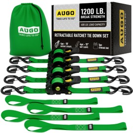 AUGO Retractable Ratchet Straps | 4 Heavy Duty Ratchet Straps Self Retractable Tie Down Straps with Soft Loops & Storage Bag for Motorcycle, Truck, Trailer, Cargo Van | 1200 Lb Break Strength 1” x 10’