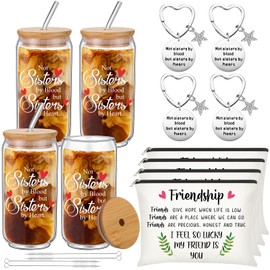 Teenyyou Friendship Gifts for Women, Christmas Birthday Gifts for Friend, 4 Pcs Friend 16 oz Glass Cups, 4 Pcs Friends Makeup Bags, 4 Pcs Keychains, Friend Gift for Coworker Sister Roommate(Heart)