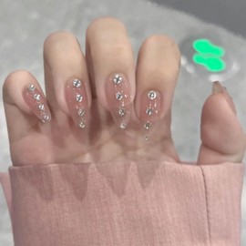 Hkanlre Press on Nails Medium Nude Fake Nails Tips Full Cover Almond Rhinestones False Nails for Women and Girls 24PCS