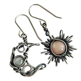 Handmade Antique Boho Silver Sun & Moon Shape Earrings | Unique Celestial Charm Vintage Style | Healing Crystal Mismatched Moonstone Earrings | (1 Pair)