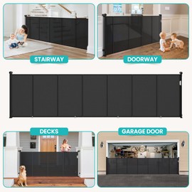 Upgrade Retractable Baby Gates Extra Wide (150" W x 42" H), 150 inch Reinforced Retractable Dog Gate to Prevent Crawling Through, Retractable Gate Outdoor/Indoor, Real One-Handed Operation, Black