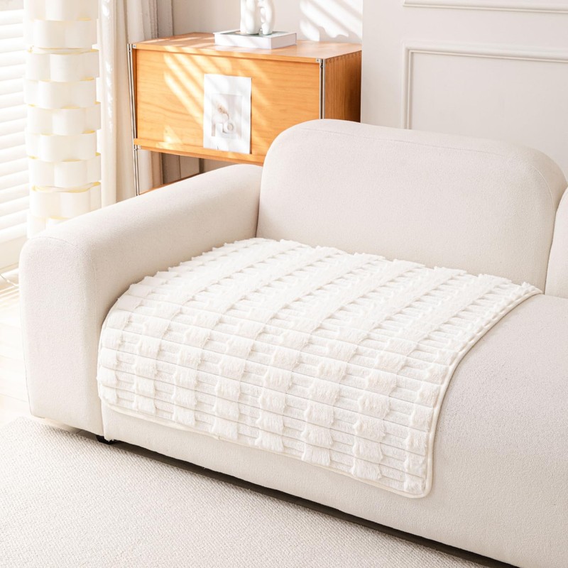 Ivory Faux Rabbit Fur Sofa Cover 35x82, Plush Couch Protector