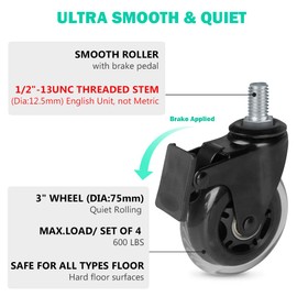Hirate 3" Locking Swivel Castors, 1/2"-13 (Screw Diameter 1/2") Threaded Stem Casters, Set of 4 Dual Brake Caster with Nylon Lock Nuts for Furniture DIY Tools