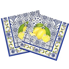 100 Pack Capri Lemon Party Paper Napkins, Blue Tiles Print Lemon Party Disposable Beverage Napkins for Buffet Bridal Shower Wedding Birthday Dinner Party Supplies, 6.5 x 6.5 Inch