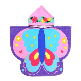 PinkSheep Kids Beach Towel,100% Cotton Bath Towel with Hooded, Super Absorbent Girl Poncho Towel with Buckle for Swimming, Bath Time, Age 3-7 Years (Butterfly Blue)