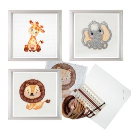 Trimits 3PK Cross Stitch Bundle – Counted Embroidery Kit, Beginner & All Level Starter Set, Complete with Instructions & Thread Children Wall Home DIY Décor – 13x13cm – Giraffe, Elephant, Lion