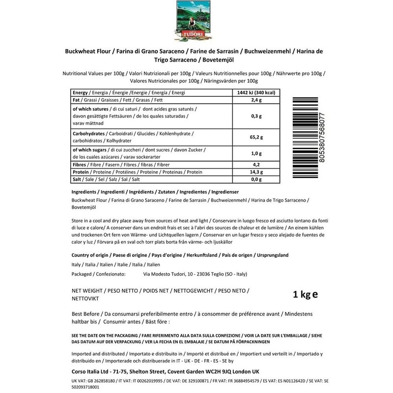Molino Tudori - Raw Natural Buckwheat Flour (1Kg) | Gluten