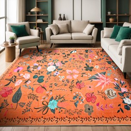 CRYPTOLITE Area Rug 9x12, Washable Large Rugs for Living Room,Non Slip 0.27″ Low Pile Vintage Floral Large Carpet for Bedroom, Living Room, Dining Room, Kids Playroom (Orange)