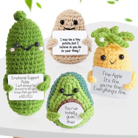 Urbun 4PCS Handmade Positive Crochet Doll Set-Emotional Support Cucumber, Positive Crochet Potato, Avocado and Pineapple,Cute Encouragement Ornament Cucumber Knitted Doll with Positive Card