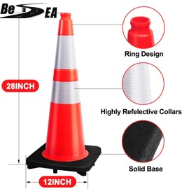 (8 Cones) BESEA 28” inch Orange PVC Traffic Cones, Black Base Construction Safety Cones Road Parking Cone Structurally Stable Wearproof (28" Height)