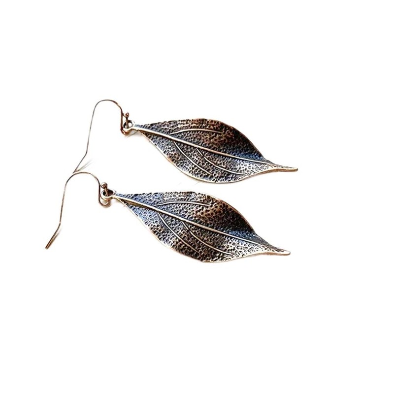 Wavy Leaf Copper Dangle Earrings Bohemian Boho