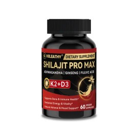 Shilajit Supplement with K2 & D3 - Premium Fulvic Acid & 84+ Minerals for Immune Support, Energy & Anti-Aging - 60 Capsules