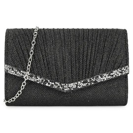 UShopUK Shiny Glitter Pleated Bridal Prom Wedding Evening Clutch Fashion Party Purse Hand Bag (Black)