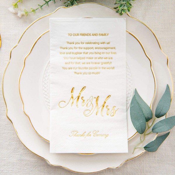 Crisky Gold Mr & Mrs Dinner Napkins Wedding Dinner Napkins Replace Thank You Card Disposable Decorative Towels for Wedding Shower Banquet Rehearsal Dinner Decoraions,50 Pcs, 3-ply, 12"x16"