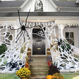 Halloween Spider Web Decoration Outdoor, Giant 600 Sqft Stretchy Cut-Your-Own Flexible Webbing for Halloween, DIY Spooky Cobweb Netting with Ground Stakes for Haunted House, Yard, Party Supplies