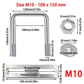 duoyif U-Screws M10 100 mm x 150 mm U-Bolt Square Stainless Steel with Nut Frame Plate Washer U Bolt M10 for Pipe Attachment Car Ships Towing 1 Piece (M10 100 x 150 mm)