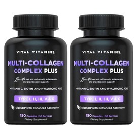 Vital Vitamins Vital Vitamins Multi Collagen Plus (2-Pack) - with Biotin, Hyaluronic Acid, Vitamin C - Type I, II, III, V, X - for Women & Men - Hair, Skin, Nails Beauty Complex - 300 Capsules