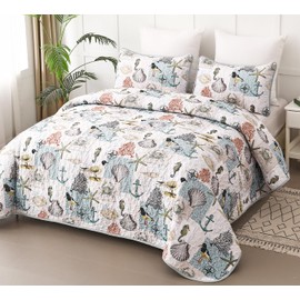 Ocean Quilt Set Bedspread Coverlet Queen Size 3 Piece-Soft Lightweight Microfiber Summer Nautical Beach Coastal Bedding Set Thin Blanket Bed Cover for All Season 96"x90" (1 Quilt 2 Pillowcases)