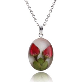 FashionJunkie4Life Two Real Mini Rose Flowers Pendant Necklace - Stainless Steel - Flowers Forever Preserved in Resin, 18" Stainless Chain