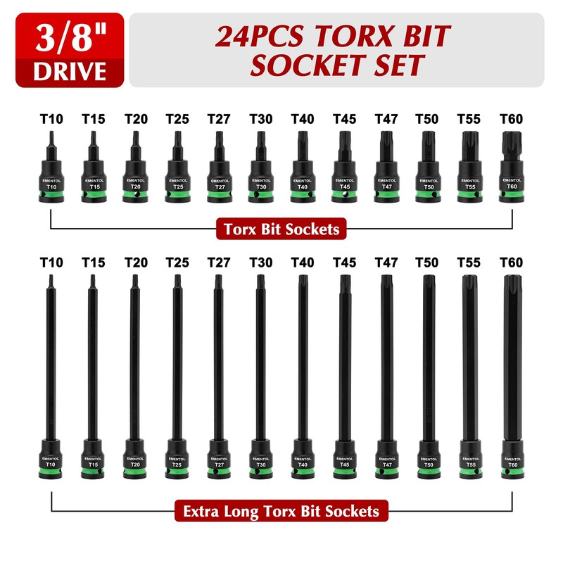 EMENTOL 24PCS 3/8" Drive Impact Torx Bit Socket Set, Extra
