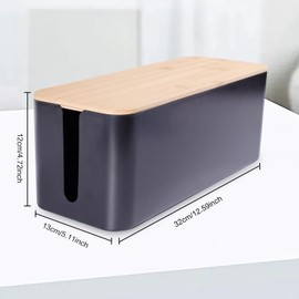 QOEOTUY Cable Box Cable Organiser Storage: Cable Management Box with Bamboo Lid for Cable Organisation, Cable Management Box for Cable Organisation and Hiding Cables - Black