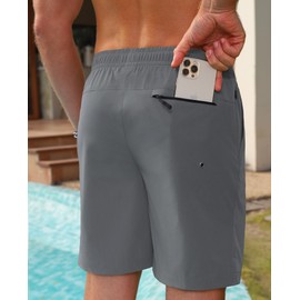 Milin Naco Mens Swim Trunks 7 inch Quick Dry Board Shorts with Zipper Pockets Bathing Suit Men Beach Shorts with Drawstring Dark Grey