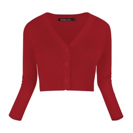 Urban GoCo Women's 3/4 Sleeve Knitted Cropped Cardigan (M, Red)