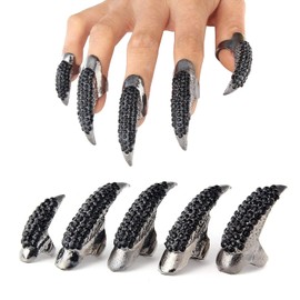 Set of 5 Halloween Costume Claws Fake Nail 3 Sizes Crystal Full Finger Rings Paved Paw Bend Fingertip Fingernail Claw(Black)