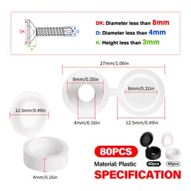 YIXISI 80 Pieces Folding Screw Cover Caps Plastic Hinge Screw Caps for Number 6/8 Screws with Storage Box for Furniture, Wardrobe, Shelf, White & Black