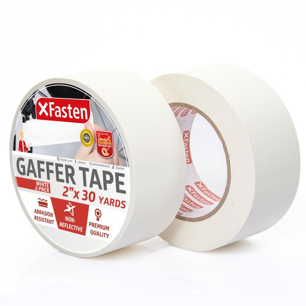 XFasten White Gaffer Tape 2 Inch x 30 Yards, Residue-Free Strong Adhesion (2-Pack 180-feet Total) Non-Reflective Matte White Fabric Tape for Walls, Cable Labels, Photography, Stage Marking