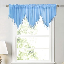 Molaxhome Swag Curtain 63 inch Length, Rod Pocket Scalloped Curtain Valance Sheer Lace Panels with Hanging Crystal Beads for Farmhouse Kitchen Bedroom Window Treatments Drape Decor 1 pc(63inch, Blue)