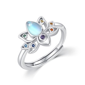 MOPOPOK 925 Sterling Silver Moonstone Lotus Ring Lotus Flower Chakra Ring With Rainbow Yoga Lotus Ring Adjustable Protecting Jewelry Birthday Christmas for Women #7, Sterling Silver, Cubic Zirconia