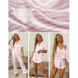 SAPJON Silk Pajamas for Women Set 4Pcs Ruffled Satin Pajamas Set Button Down Short Sleeve Cami Shorts Sleepwear Pj Set