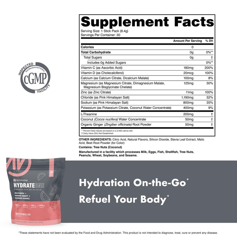 HydrateOne, Electrolyte Drink Mix On-The-Go | Watermelon, 30 Servings