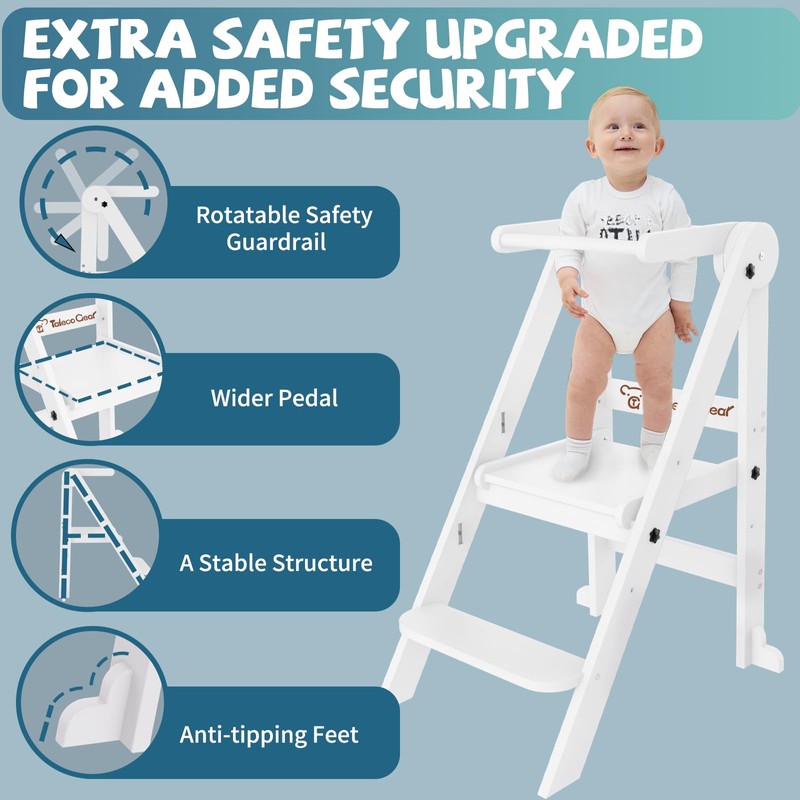 Foldable Toddler Tower, 3 Adjustable Height Toddler Standing Tower, Wooden