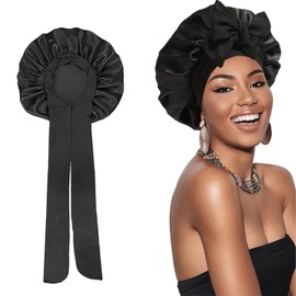 Elegant Satin Hair Cap for Women, Sleep Cap Silk, Double-Sided Silk Hood for Sleeping to Protect Curls and Hair, Curls Cap, Satin Sleep Cap for the Night with Elastic Band (Black)