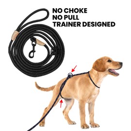 YOKUM Gear 12ft No Pull No Choke Leash Long Rope Dog Leash, Anti Pulling, Dog Leads for Walking, Double Hook & Escape Proof for All Breeds, Reflective Black