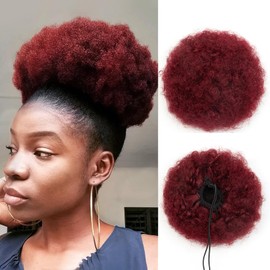 Afro Puff Drawstring Ponytail Natural Real Human Hair for Black Women 8 Inch Christmas Kinky Curly Ponytail Extension Cheer Curly 4c Ponytail High Bun Fake African American Big Afro Puffs Burgundy 50g