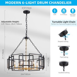 XINGQI 25 Inch Black Gold Chandelier 6-Light Large Modern Farmhouse Chandelier Adjustable Height Industrial Pendant Lighting Fixture for Dining Room Living Room Kitchen Island Bedroom Office Metal