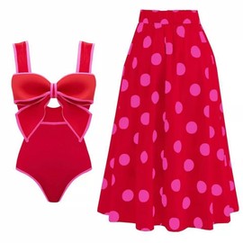 2025 Nuevo Conjunto de Dos Piezas de bikini, Traje de Baño Conservador de una Pieza Al Estilo de la Falda, Traje de Baño y Falda de Una Pieza Con Lazo Frontal Recortado (Traje rojo,Mediano)