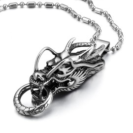 JewelryWe Men's Necklace, Choker, 21.7 inches (55 cm) Chain and Pendant Top Head Combination Set, Dragon Dragon Ring, Stainless Steel, Color: Silver (Silver); Gift Bag Included, Stainless Steel, No