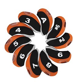 Golf Hybrid Club Head Cover, 10Pcs Waterproof Golf Club Iron Head Covers Putter Set Protector Case Golf Club Covers Golf Club Head Covers Head Covers Golf (Black&Orange)