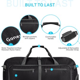Gonex Lightweight Fold Away Travel Luggage 40/60/80/100/150L Duffel Bags Overnight Bags Gym Bag for Travel Sports Gym Holidays, black, 80L
