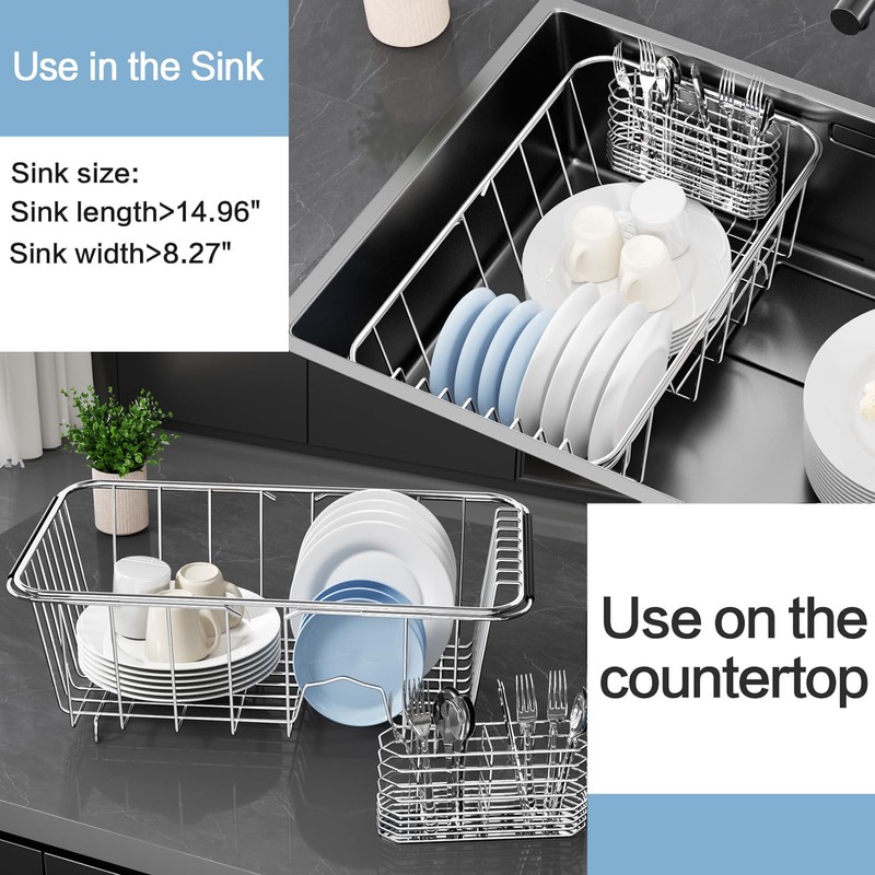 Small Dish Drainer Rack in Sink Adjustable, Expandable 304 Stainless