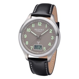 REGENT Men's Radio Controlled Watch Titanium Analogue Digital with Leather Strap and Arabic Numerals, grey/black, Strap.