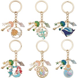 SOFPLATE 6Pcs 6 Styles Ocean Themed Keychains Sea Shell Keychain Summer Large Alloy Enamel Beach Mermaid Whale Jellyfish Coral Sparkling Charm Key Ring Starfish Keychains for Women Handbags Backpack