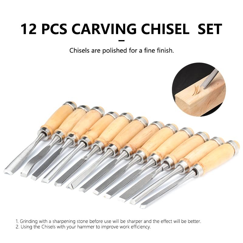 12Pcs Wood Carving Hand Chisel Tool Set in Storage Pouch,