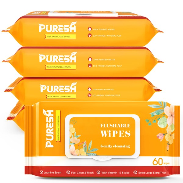 Puresh Flushable Wet Wipes, Adults Women Wet Wipes Infused Vitamin E & Aloe, 5 Flip-Top Packs Total 300 Wet Wipes