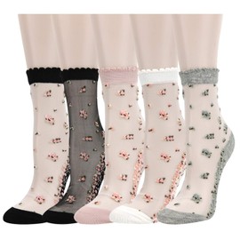 Benefeet Sox Lace Floral Socks Sheer Socks Women Fashion Mesh Socks for Girls Womens Nylon Socks Ultrathin Sheer Ankle Socks Floral Crystal Glass Socks See Through Transparent Clear Socks Colorful